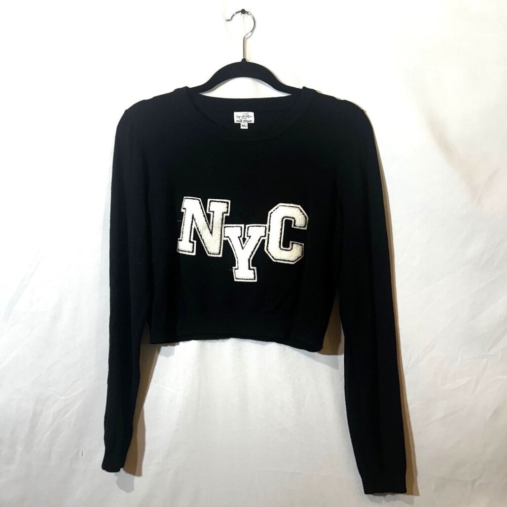 Julie Mollo Black Sweater With White College Letters NYC, Crop, Academia, Size X